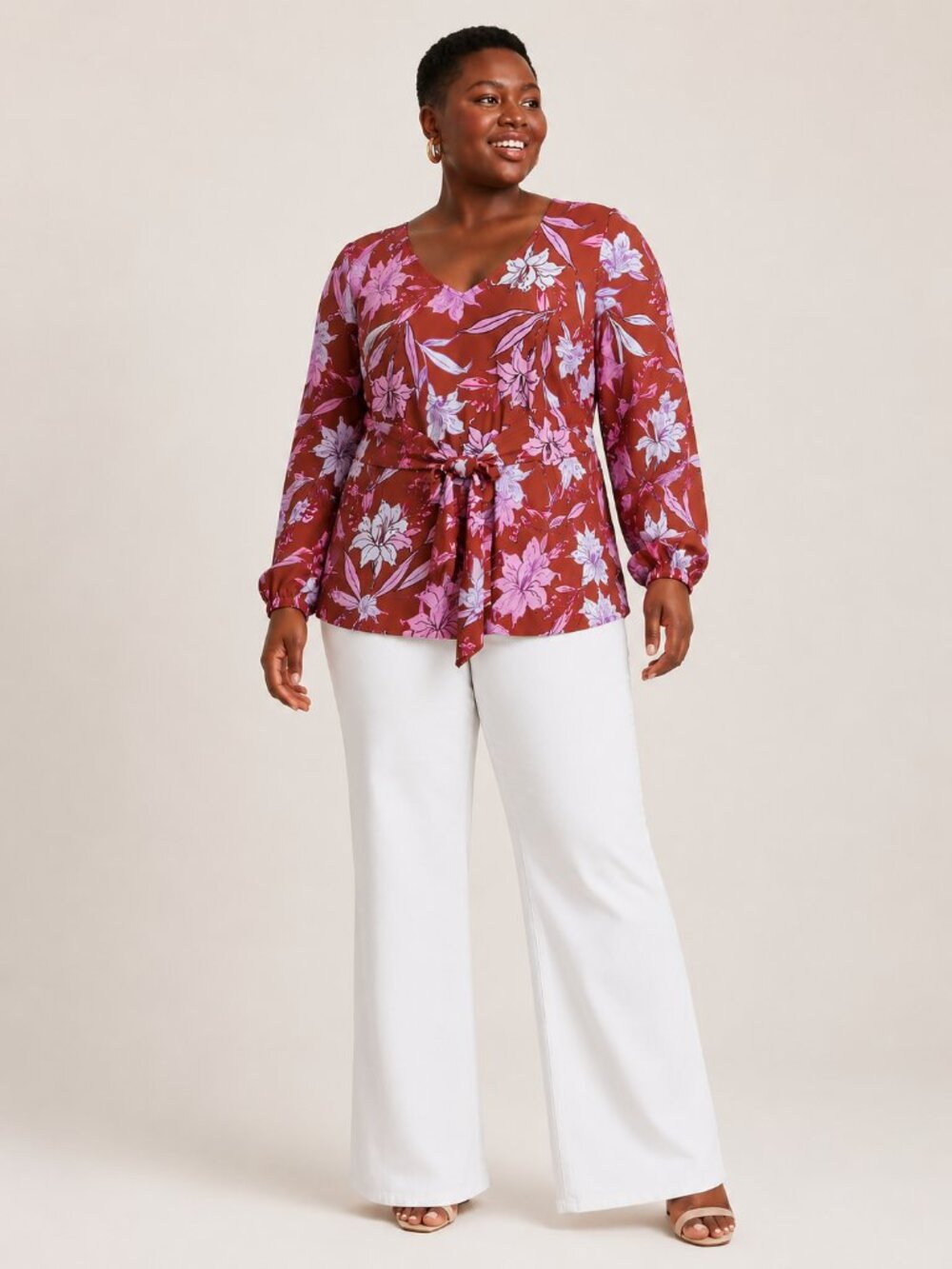 Eloquii Floral V-Neck Tie Waist Puff Sleeve Blouse Plus Size 28 NWOT